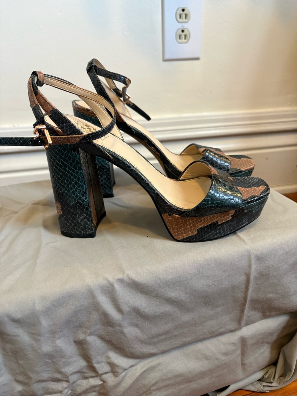 Vince Camuto Snake-Print Platform Sandals in Green and Brown